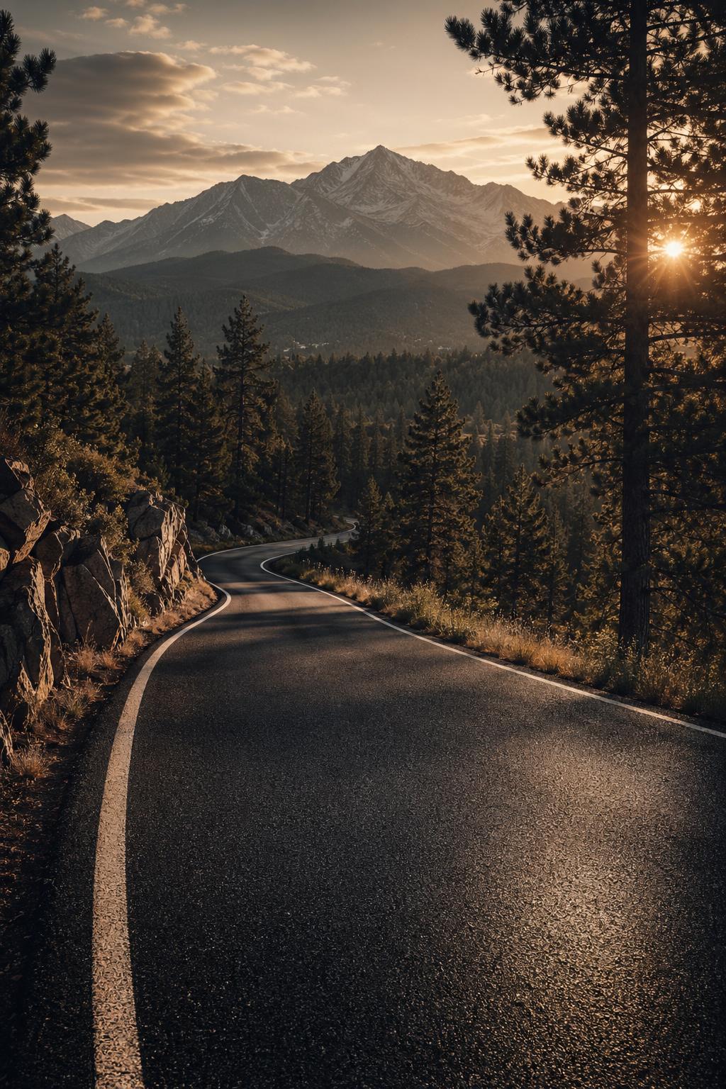 Asphalt road curving through Colorado pines toward Pikes Peak at golden hour